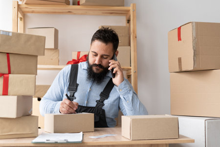 indian entrepreneur small business owner taking order using smartphone, small or medium business delivery, e-commerce, telemarketing, start-up shippingの写真素材