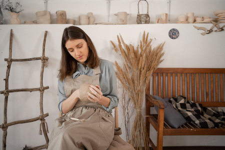 woman artist sculpts from wet clay in studio. ceramist makes handicrafts from ceramics. female...