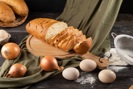 sliced white bread on a wooden board, baking ingredients, freshly baked bread