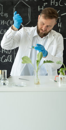 Scientist dropping a sample into a Petri dish with green plant in laboratory, Biotechnology Research, vertical viewの写真素材