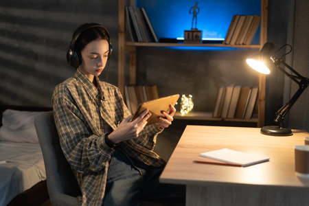 asian girl student use the digital tablet pc and headphones in the evening, watch a movie or listen...