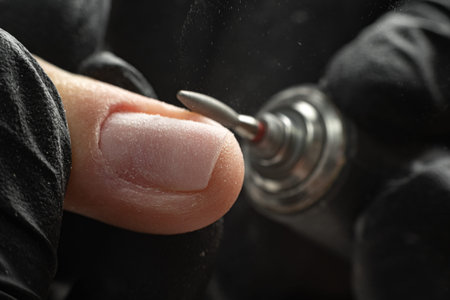 Nail manicure in woman beauty salon. Electric nails file drill in action, finger close up or detail, care for nailの写真素材