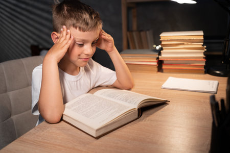 focused boy learning at home at night, kid reading book at table, schoolboy doing homework using...
