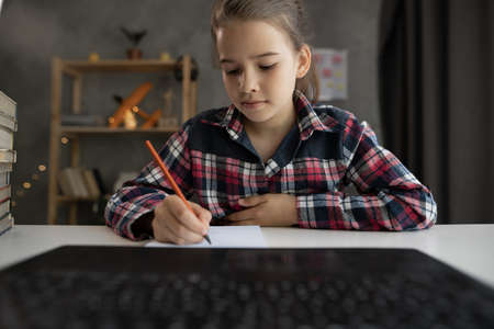 caucasian child girl have fun drawing studying online on computer from home, using laptop at home, webcam point of view pov.の写真素材