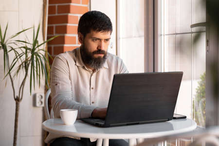 Handsome bearded man working on laptop at restaurant, guy working in online freelancing drinks coffeeの写真素材