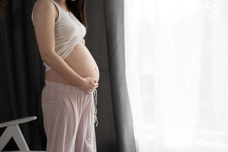 Pregnant woman holding her hands on her belly near the window at home.Maternity, pregnancy, happiness conceptの写真素材