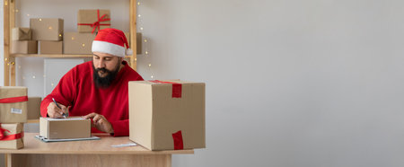 Indian business owner working with packaging cardboxes and using smartphone wearing a Sanat Claus hat. accepts an order over the phone and prepares the purchase for shipment. Christmasの写真素材