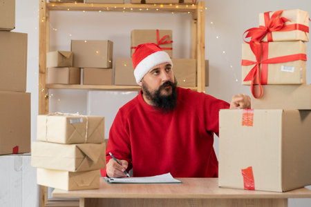 start-up entrepreneur small business santa claus freelance man working with box, young small business owner office online market packaging delivery box for christmas, sme delivery e-commerceの写真素材