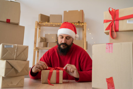 start-up small business entrepreneur santa claus working at home office, packing boxes with gifts...