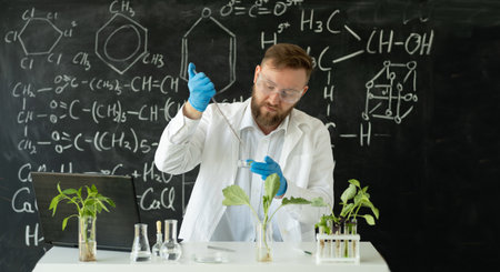 laboratory male assistant apply with a pipette herbicide and pesticide on a leaf of a green plant laboratory experiment. Microbiology scientist working in a plants lab.の写真素材