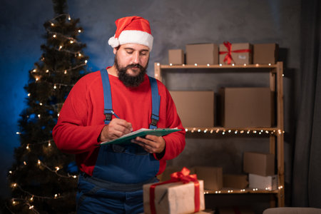 Small and medium business start up concept A young start-up entrepreneur, wearing a santa claus hat and work overalls, takes a stand in a home office fills in the data with a pen on a clipboard.の写真素材