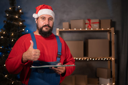 Small and medium business start up concept Young start-up businessman, wearing santa claus hat and work overalls takes stands in home office showing thumbs up. cの写真素材