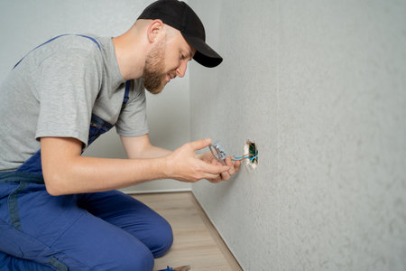 caucasian man electrician holding screwdriver working on the plug electric on residential electric system installing AC power socket on gray wall at home repairの写真素材