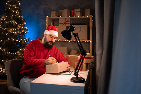 Small and medium business startup concept bearded male Hindu entrepreneur, small business owner, packing goods, preparing for shipping. good earnings during the christmas saleの写真素材