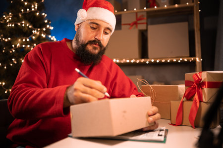 Wearing a Santa hat is a good income during the Christmas sale. A bearded Hindu man in a red suit sits in a home office at a table writing with a pen on box preparing for shippingの写真素材