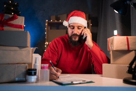 Wearing a Santa hat is a good income during the Christmas sale. A bearded Hindu man in a red suit takes an order on a smartphone at the table writes with a pen on box preparation for shipmentの写真素材