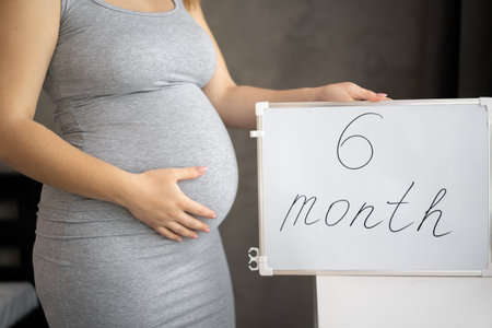 Close up of 6-month-pregnant woman belly holding a whiteboard with text message - 6 monthの写真素材