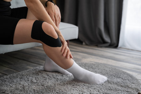 Female knee with physio tape, closeup. Kinesiology taping. knee with kinesio tape. Post traumatic rehabilitationの写真素材