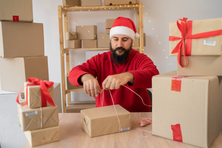 Starting small businesses SME owners man entrepreneurs Santa Clauses working, box and orders to prepare to pack boxes, sell to customers, sme business ideas online. Christmas saleの写真素材