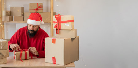A bearded man wearing a Santa Claus hat works in a warehouse of boxes with gifts and orders from an online store for Christmas. Small Business Owner Sells Happy New Year. Delivery holiday.の写真素材