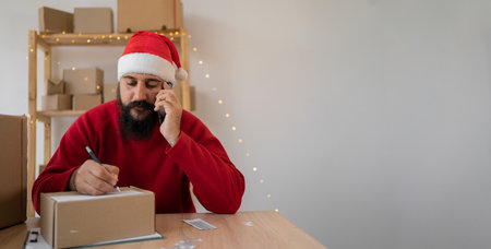 A salesman in a Santa Claus hat takes an order by cell phone while sitting in an office with boxes of gifts for Christmas. Shopping and delivery. Small business concept.の写真素材