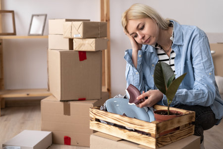 Portrait of unhappy modern woman in t-shirt near cardboard box with a broken dish on backgroundの写真素材