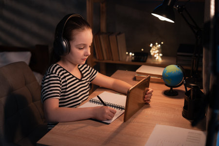 Teenager girl using tablet computer learning distantly online sitting at night at home. Web education and e-learningの写真素材