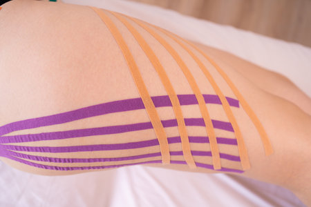 applying health tape to patient legs.health taping. Anti-cellulite procedure for slim hips.Fat lose, cellulite removal. Weight lossの写真素材