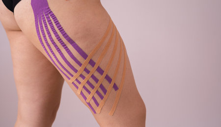 applying health tape to female patient legs.health taping. Anti-cellulite procedure for slim hips.Fat lose, cellulite removal. Weight lossの写真素材