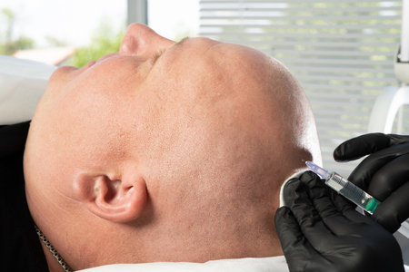 Close up of balding man getting hair mesotherapy or scalp prp. Platelet-rich plasma procedure. Cosmetologist doctor makes injections in the man head for hair growth against alopecia.の写真素材