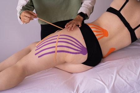Therapist applying physio tape to patient legs. Anti-cellulite procedure for slim hips. Fat lose, cellulite removal. Weight loss. physio taping.の写真素材
