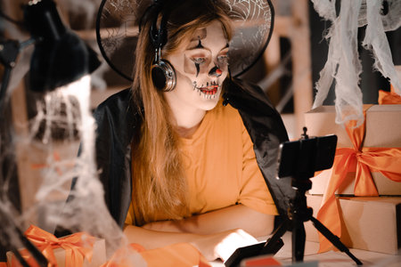Startup Small Business Entrepreneur or Freelance Caucasian Woman in Halloween Makeup Take Order Online Video Call. online marketing packaging box and shipping. Banner.の写真素材