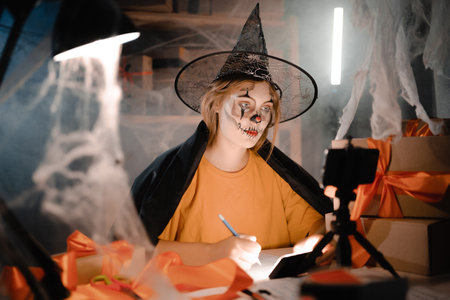 Startup small business entrepreneur or freelance caucasian woman in halloween makeup taking order online video call using smart phone. online marketing packaging box and shipping.の写真素材