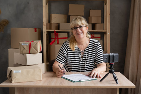 Mature woman senior small business owner using mobile app for video call on phone. Older businesswoman salesman with cell phone on tripod, prepares mail order retail package for delivery.の写真素材