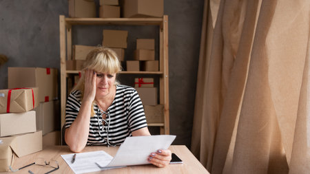 Sad depressed older woman owner of small business holding documents, looks through sales dynamics or taxes and upset. Loan, debt, bunkruptcy. Mature businesswoman received bad notification letterの写真素材