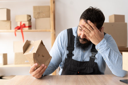 Entrepreneur man holding a crumpled box with goods working in delivery service. Damaged cargo upon deliveryの写真素材