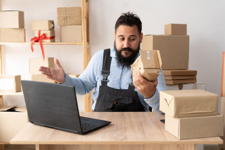 A male delivery service worker sits in overalls at the table and makes a video call. He spreads his arms to the sides, holds a crumpled box of goods. Delivery damageの写真素材