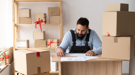 Start up. young indian man take new order from customer with clip board and delivery parcel box on table, small business owner working at home office, SME, shopping onlineの写真素材