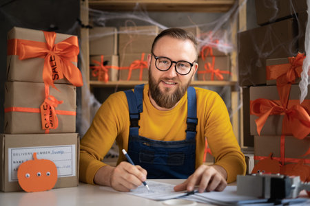 A male dropshipping small business owner taking order. Warehouse worker, salesman. Big sale of goods...