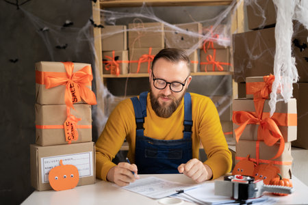 Startup business, halloween office entrepreneur takes orders for delivery of goods online, small business owner prepares boxes for shipment to the customer, holiday smeの写真素材