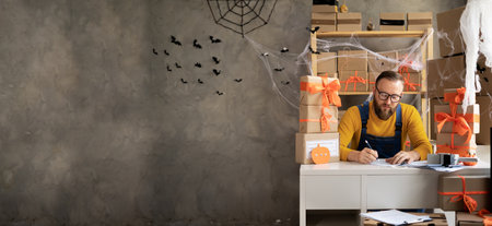 small business start-up entrepreneur freelance man working with box on halloween, young small business owner in decorated office, packaging delivery box, sme delivery e-commerceの写真素材