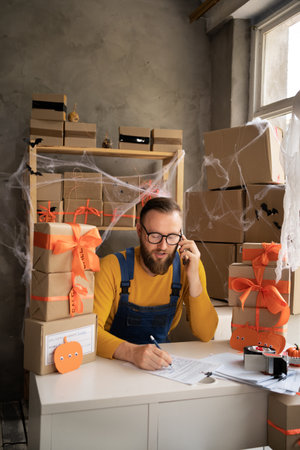 SME Halloween. handsome young delivery man happy after new order from customer using mobile phone packaging parcel box in decor home office, small business owner, mail, shippingの写真素材