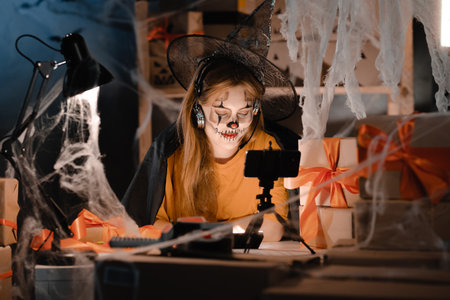 Startup small business entrepreneur or freelance caucasian woman in halloween makeup taking order online video call using smart phone. online marketingの写真素材