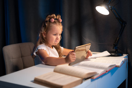 Preschool girl studying at home in the evening using digital tablet, children, preschoolers, home...