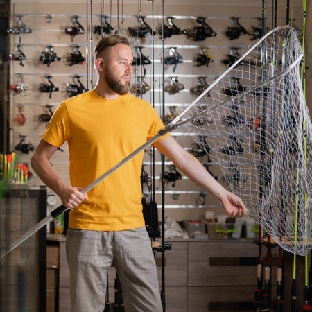 Fisherman choosing a landing net in a fishing shop.の写真素材