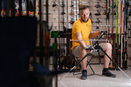 Man fisherman choosing fishing rod stand in fishing shopの写真素材