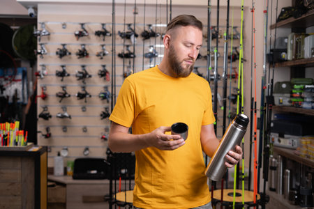 Man angler choosing a thermal bottle in a fishing storeの写真素材
