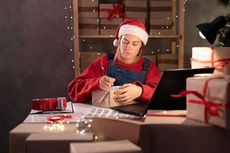 Happy Santa Claus woman with gift box on laptop sitting at workshop table on Christmas Eve. online shopping sales on christmas holiday e-commerce websiteの写真素材