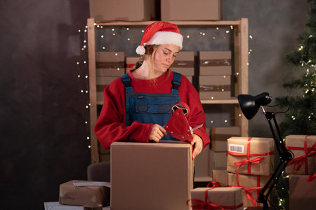 Start-up woman entrepreneur small business owner is packing goods at home in a small office. Prepares boxes for shipment. Big sale for Christmas. home office is the seller of the online store. SMEの写真素材