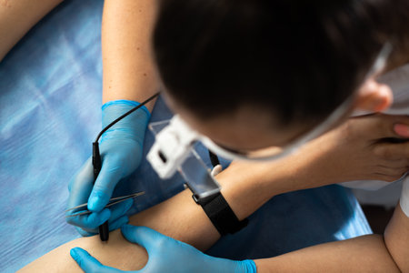 Dermatologist doing hair removal treatment on patients leg with electrolysis. electro epilation hair from womans legs. epilation and beauty conceptの写真素材